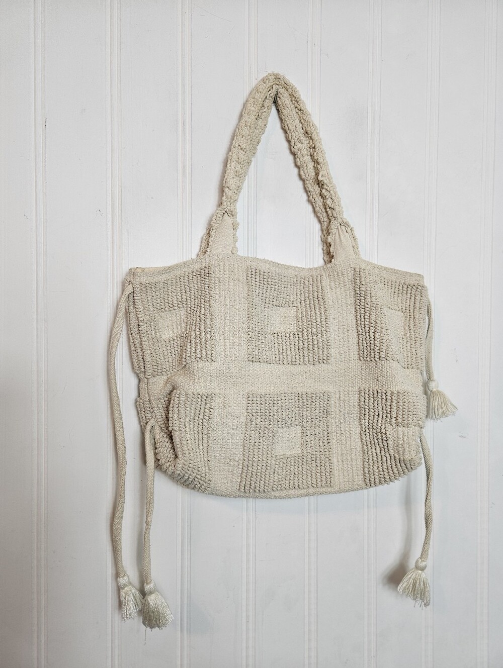 Lovestitch Tote OS Chunky Crochet Bubble Knit Tassel Beach Boho Cream Bag - Picture 2 of 15